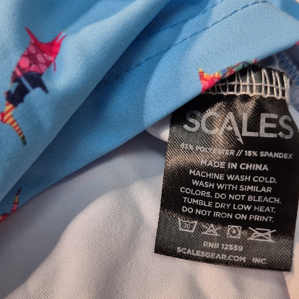 SCALES 3X Golf Polo Short Sleeve Shirt Blue and Pink Tropical Fish Pattern - Picture 3 of 16